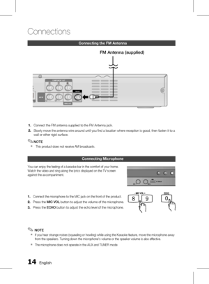 Page 141 English
Connections
English 1
Connecting the fm Antenna
Connect the FM antenna supplied to the FM Antenna jack.
Slowly move the antenna wire around until you fi nd a location where reception is good, then fasten it to a 
wall or other rigid surface.
NOTE
  This product does not receive AM broadcasts.
Connecting microphone
You can enjoy the feeling of a karaoke bar in the comfort of your home. 
Watch the video and sing along the lyrics displayed on the TV screen 
against the accompaniment....