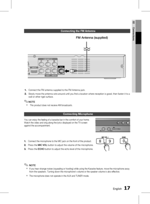 Page 171 EnglishEnglish 1
02 Connections
Connecting the fm Antenna
Connect the FM antenna supplied to the FM Antenna jack.
Slowly move the antenna wire around until you fi nd a location where reception is good, then fasten it to a 
wall or other rigid surface.
NOTE
  This product does not receive AM broadcasts.
Connecting microphone
You can enjoy the feeling of a karaoke bar in the comfort of your home. 
Watch the video and sing along the lyrics displayed on the TV screen 
against the accompaniment....