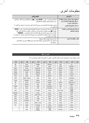 Page 68Arabic 3233 Arabic
ىرخأ تامولعم
ةغللا زمر ةمئاق
.)22 مقر ةحفصلا رظنا( ."ةمجرتلا"و "توصلا"و صارقلأا ةمئاقب "ىرخأ" يف هليجستل بسنملا دوكلا مقر لخدأ
دوكلا
ةغللا
دوكلا
ةغللا
دوكلا
ةغللا
دوكلا
ةغللا
دوكلا
ةغللا
دوكلا
ةغللا
1027
Afar
1142
Greek
1239
Interlingue
1345
Malagasy
1482
Kirundi
1527
Tajik
1028
Abkhazian
1144
English
1245
Inupiak
1347
Maori
1483
Romanian
1528
Thai
1032
Afrikaans
1145
Esperanto
1248
Indonesian
1349
Macedonian
1489
Russian
1529
Tigrinya
1039
Amharic
1149
Spanish...