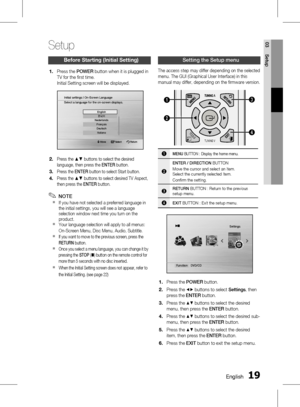 Page 191 EnglishEnglish 1
03 Setup
Before Starting (Initial Setting)
Press the POWER button when it is plugged in 
TV for the fi rst time.
Initial Setting screen will be displayed.
Move   Select              Return
Initial settings I On-Screen Language
Select a language for the on-screen displays.
English
à´	¯
Nederlands FrançaisDeutsch Italiano
Press the ▲▼ buttons to select the desired 
language, then press the  ENTER button.
Press the  ENTER button to select Start button.
Press the ▲▼ buttons to...