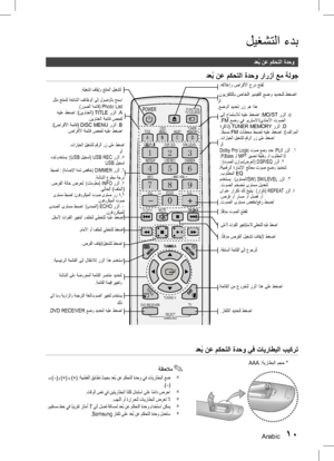 Page 46Arabic 1011 Arabic
ليغشتلا ءدب
دعُ
ب نع مكحتلا ةدحو
دع
ُ
ب نع مكحتلا ةدحو رارزأ عم ةلوج
دع
ُ
ب نع مكحتلا ةدحو يف تايراطبلا بيكرت
✎ ةظحلام
`  ـب )–(و )+( ـب )+( :ةيبطقلا قباطت ثيحب دع
ُ
ب نع مكحتلا ةدحو يف تايراطبلا عض
.)–(
` .تقولا سفن يف نيتيراطبلا اتلك لدبتسا ىلع ا ً
مئاد صرحا` .بهللا وأ ةرارحلل تايراطبلا ضرعت لا` .ميقتسم طخ يف ا
ً
بيرقت راتمأ 7  ىلإ لصت ةفاسمل دع ُ
ب نع مكحتلا ةدحو مادختسا نكمي` .Samsung
 زافلت ىلع دعُ
ب نع مكحتلا ةدحو لمعتس
AAA
 :ةيراطبلا مجح *
1 2 3
4 5 6
7 8
0 9
FUNCTION
TV SOURCE...