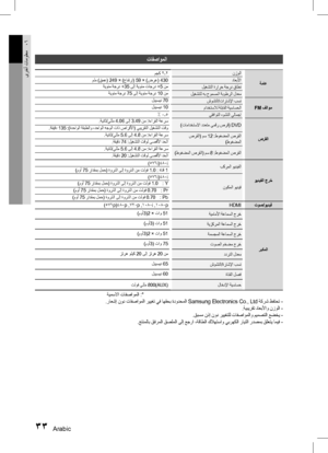 Page 69Arabic 3233 Arabic
ىرخأ تامولعم06
تافصاوملا
ةماع
نزولا
مجك
 2.2داعبلأا
ملم )قمع( 249 × )عافترا( 59 × )ضرع( 430
ليغشتلا ةرارح ةجرد قاطن
ةيوئم ةجرد +35 ىلإ ةيوئم تاجرد 
+5 نم
ليغشتلل هب حومسملا ةبوطرلا لدعم
ةيوئم ةجرد 
75 ىلإ ةيوئم ةجرد  10 نم
FM فلاوم
شوشتلا/تاراشلإا بسن
لبيسيد 70
مادختسلال ةلباقلا ةيساسحلا
لبيسيد 10
يقفاوتلا هوشتلا يلامجإ
% 0.5
صرقلا
)تامادختسلاا ددعتم يمقر صرق( 
DVD
.ةيناث/يللم 4.06 ىلإ 3.49 نم :ةءارقلا ةعرس
.ةقيقد 135 :)ةدحاولا ةقبطلاو ،دحاولا هجولا تاذ صارقلأا( يبيرقتلا ليغشتلا تقو...