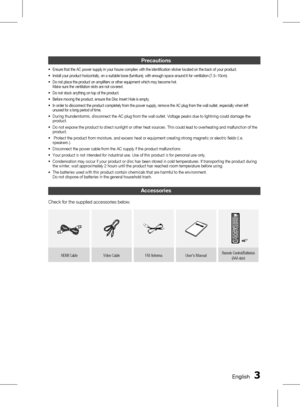 Page 3 EnglishEnglish 
Accessories
Check for the supplied accessories below.
FUNCTION
TV SOURCEPOWER
DISC MENU MENU TITLE MENUMUTE MIC VOL+
MIC VOL-
REPEATVOLTUNING
/CHTOOLS
RETURN EXIT
INFOA B C D
DSP /EQ1 2 3
4 5 67 8
09RECEIVER
SLEEPDVDECHO
TV
P.BASSGIGA
DIMMER S.VOLAUDIO
UPSCALE
S/W LEVEL MO/ST USB REC
TUNER 
MEMORY
FUNCTION
TV SOURCEPOWER
DISC MENU MENU TITLE MENUMUTE
REPEATVOLTUNING /CHTOOLS
RETURN EXIT
INFOA B C D
DSP /EQ1 2 3
4 5 67 8
09RECEIVER
SLEEPDVD TV
P.BASSGIGA
DIMMER S.VOLAUDIO...