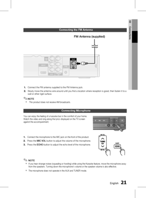 Page 210 EnglishEnglish 1
02 Connections
Connecting the fm Antenna
Connect the FM antenna supplied to the FM Antenna jack.
Slowly move the antenna wire around until you fi nd a location where reception is good, then fasten it to a 
wall or other rigid surface.
NOTE
  This product does not receive AM broadcasts.
Connecting microphone
You can enjoy the feeling of a karaoke bar in the comfort of your home. 
Watch the video and sing along the lyrics displayed on the TV screen 
against the accompaniment....