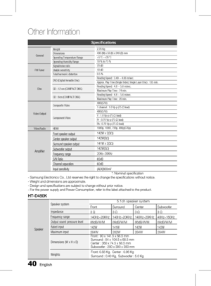 Page 400 English
Other Information 
English 1
Specifications
GeneralWeight
2.76 Kg
Dimensions 430 (W) x 59 (H) x 249 (D) mm
Operating Temperature Range +5°C~+35°C
Operating Humidity Range 10 % to 75 %
FM Tuner Signal/noise ratio
70 dB
Usable sensitivity 10 dB
Total harmonic distortion 0.5 %
Disc DVD (Digital Versatile Disc)
Reading Speed : 3.49 ~ 4.06 m/sec.
Approx. Play Time (Single Sided, Single Layer Disc) : 135 min.
CD : 12 cm (COMPACT DISC) Reading Speed : 4.8 ~ 5.6 m/sec.
Maximum Play Time : 74...