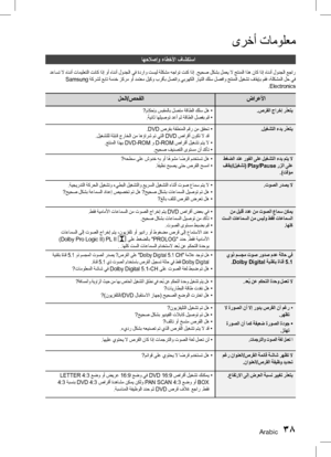 Page 81Arabic 3839 Arabic
ىرخأ تامولعم
اهحلاصإو ءاطخلأا فاشكتسا
 دعاست لا هاندأ تاميلعتلا تناك اذإ وأ هاندأ لودجلا يف ةدراو تسيل ةلكشم هجاوت تنك اذإ .حيحص لكشب لمعي لا جتنملا اذه ناك اذإ هاندأ لودجلا عجار Samsung  ةكرشل عبات ةمدخ زكرم وأ دمتعم ليكو برقأب لصتاو يبرهكلا رايتلا كلس لصفاو جتنملا ليغشت فاقيإب مقف ،ةلكشملا لح يف
.Electronics
ضارعلأا
لحلا/صحفلا
.صرقلا جارخإ رذعتي
?ماكحإب سبقملاب لصتم ةقاطلا كلس له •
.ً
ةيناث اهليصوت دعأ مث ةقاطلا لصفب مق •
.ليغشتلا ءدب رذعتي
.DVD  صرقب ةقطنملا مقر نم ققحت
 
 

•...