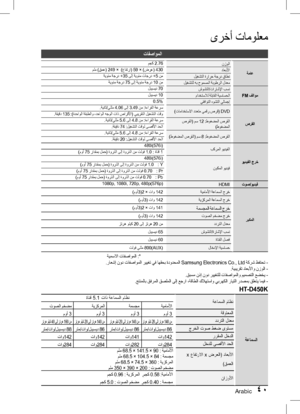 Page 83Arabic 4041 Arabic
ىرخأ تامولعم
تافصاوملا
ةماع
نزولا
مجك
 2.76
داعبلأا
ملم )قمع( 249 ×  )عافترا( 59 × )ضرع( 430
ليغشتلا ةرارح ةجرد قاطن
ةيوئم ةجرد 
+35 ىلإ ةيوئم تاجرد  +5 نم
ليغشتلل هب حومسملا ةبوطرلا لدعم
ةيوئم ةجرد 
75 ىلإ ةيوئم ةجرد  10 نم
FM فلاوم
شوشتلا/تاراشلإا بسن
لبيسيد 70
مادختسلال ةلباقلا ةيساسحلا
لبيسيد 10
يقفاوتلا هوشتلا يلامجإ
0.5%
صرقلا
)تامادختسلاا ددعتم يمقر صرق( 
DVD
.ةيناث/يللم 4.06
 ىلإ 3.49 نم :ةءارقلا ةعرس
.ةقيقد 135  :)ةدحاولا ةقبطلاو ،دحاولا هجولا تاذ صارقلأا( يبيرقتلا ليغشتلا...