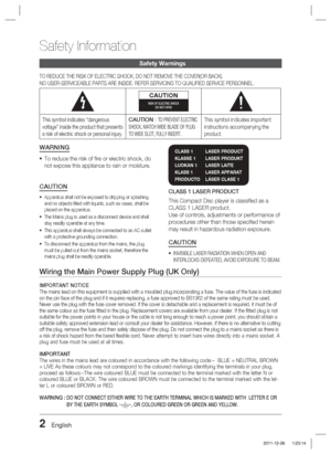 Page 22 English
Safety Information
Safety Warnings
TO REDUCE THE RISK OF ELECTRIC SHOCK, DO NOT REMOVE THE COVER(OR BACK)\
.
NO USER-SERVICEABLE PARTS ARE INSIDE. REFER SERVICING TO QUALIFIED SERVI\
CE PERSONNEL.
CAUTIONRISK OF ELECTRIC SHOCK DO NOT OPEN
This symbol indicates “dangerous 
voltage” inside the product that presents 
a risk of electric shock or personal injury.CAUTION : TO PREVENT ELECTRIC 
SHOCK, MATCH WIDE BLADE OF PLUG 
TO WIDE SLOT, FULLY INSERT.This symbol indicates important 
instructions...