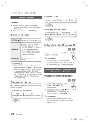 Page 12446 Français
Fonctions de base
Lecture d’une vidéo
Lecture
Insérez un disque dans le logement du 
disque, en ayant sa face imprimée orientée 
vers le haut.
Appuyez sur le bouton LECTURE (► ).
Boutons liés à la lecture
LECTURE ( ►) Permet de démarrer la lecture. 
ARRÊT (  )
Permet d'arrêter la lecture.
Si vous appuyez sur ce 
bouton une fois : La position 
d'arrêt sera mémorisée.
Si vous appuyez sur ce bouton 
deux fois : La position d'arrêt ne 
sera pas mémorisée.
•
•
PAUSE (  )Permet de...