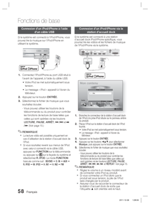 Page 13658 Français
Fonctions de base
Connexion d’un iPod/iPhone à l’aide d’un câble USB
Si le système est connecté à l’iPod/iPhone, vous 
pouvez lire la musique sur l’iPod/iPhone en 
utilisant le système.
ASC IN5V
500mAASC IN
50
Connectez l’iPod/iPhone au port USB situé à 
l’avant de l’appareil, à l’aide du câble USB.
Votre iPod se met automatiquement sous 
tension.
Le message « iPod » apparaît à l'écran du 
téléviseur. 
Appuyez sur le bouton ENTRÉE.
Sélectionnez le ﬁ chier de musique que vous 
souhaitez...