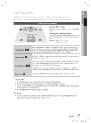 Page 17English 17
02 Connections
Connections
This section involves various methods of connecting the product to other\
 external components. 
Before moving or installing the product, be sure to turn off the power a\
nd disconnect the power cord.
Connecting the Speakers
Front Speakers ei
Place these speakers in front of your listening position, facing inwards\
 (about 45°) 
toward you. Place the speakers so that their tweeters will be at the same height 
as your ear. Align the front face of the front speakers...