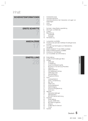 Page 161Deutsch 5
Inhalt
SICHERHEITSINFORMATIONEN
2
2 Sicherheitshinweise
3 Vorsichtsmaßnahmen
4  Vorsichtsmaßnahmen beim Verwenden und Lagern von Datenträgern
4 Lizenz
4 Copyright
ERSTE SCHRITTE
7
7       Symbole in dieser Bedienungsanleitung
8  Disk-Typen und Merkmale
12 Zubehör
13 Beschreibung
13 Vorderseite
14 Rückseite
15 Fernbedienung
ANSCHLÜSSE
17
17 Lautsprecher anschließen
20  Anschluss des optionalen drahtlosen Empfängermoduls  einrichten
21  Anbringen des Ferritringkerns am Netzkabel Des  Hausgeräts...