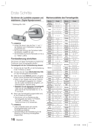 Page 17216 Deutsch
Erste Schritte
Sie können die Lautstärke anpassen und 
stabilisieren. (Digital-Signalprozessor)
* Batteriegröße: AAA
HINWEISAchten Sie darauf, dass die Pole “+” und “–” 
der Batterien wie im Batteriefach angezeigt 
ausgerichtet sind.
Bei normaler Nutzung des Fernsehers halten 
die Batterien ungefähr ein Jahr.
Die Fernbedienung hat eine Reichweite von bis zu 
ca. 7 Metern Luftlinie.
Fernbedienung einrichten
Sie können mit dieser Fernbedienung bestimmte 
Funktionen Ihres Fernsehgeräts steuern....