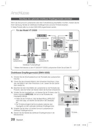 Page 17620 Deutsch
Anschlüsse
Anschluss des optionalen drahtlosen Empfängermoduls einrichten
Wenn Sie die Surround-Lautsprecher über eine Funkverbindung anschließ\
en möchten, müssen Sie bei 
Ihrem Samsung-Händler ein drahtloses Empfängermodul und eine TX-Ka\
rte erwerben.
Dieses Produkt sollte nur an einen SWA-5000 angeschlossen werden.
Drahtloses Empfängermodul (SWA-5000)
Drücken Sie die Anschlusslasche an der Rückseite des Lautsprechers\
 
herunter.
Führen Sie das schwarze Kabel in den schwarzen Anschluss (-)...