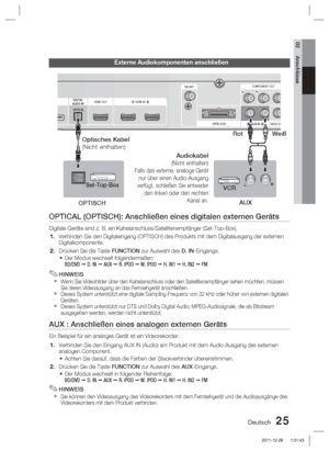 Page 181Deutsch 25
02 Anschlüsse
Externe Audiokomponenten anschließen
OPTICAL (OPTISCH): Anschließen eines digitalen externen Geräts
Digitale Geräte sind z. B. ein Kabelanschluss/Satellitenempfänger \
(Set-Top-Box).Verbinden Sie den Digitaleingang (OPTISCH) des Produkts mit dem Digita\
lausgang der externen 
Digitalkomponente.
Drücken Sie die Taste FUNCTION zur Auswahl des D. IN-Eingangs.Der Modus wechselt folgendermaßen:

 
BD/DVD  D. IN   AUX   R. IPOD   W. IPOD   H. IN1   H. IN2   FM
HINWEIS
Wenn Sie...