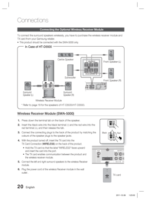 Page 2020 English
Connections
Connecting the Optional Wireless Receiver Module
To connect the surround speakers wirelessly, you have to purchase the wi\
reless receiver module and 
TX card from your Samsung retailer.
This product should be connected with the SWA-5000 only.
Wireless Receiver Module (SWA-5000)
Press down the terminal tab on the back of the speaker. 
Insert the black wire into the black terminal (–) and the red wire \
into the 
red terminal (+), and then release the tab.
Connect the connecting...