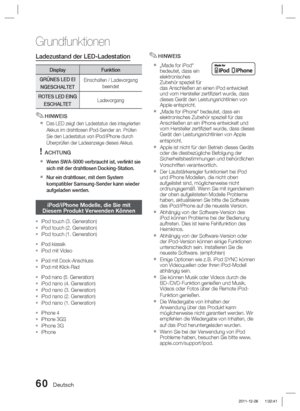 Page 21660 Deutsch
Grundfunktionen
Ladezustand der LED-Ladestation
DisplayFunktion
GRÜNES LED EI NGESCHALTET             Einschalten / Ladevorgang 
beendet
ROTES LED EING ESCHALTET              Ladevorgang
HINWEIS
Das LED zeigt den Ladestatus des integrierten 
Akkus im drahtlosen iPod-Sender an. Prüfen 
Sie den Ladestatus von iPod/iPhone durch 
Überprüfen der Ladeanzeige dieses Akkus.
ACHTUNG
Wenn SWA-5000 verbraucht ist, verlinkt sie 
sich mit der drahtlosen Docking-Station.
Nur ein drahtloser, mit dem System...