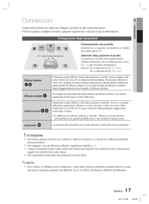 Page 251Italiano 17
02 Connessioni
Connessioni
Questa sezione illustra vari metodi per collegare il prodotto ad altri c\
omponenti esterni.
Prima di spostare o installare il prodotto, spegnere l'apparecchio e sta\
ccare il cavo di alimentazione.
Collegamento degli altoparlanti
Diffusori anteriori 
ei
Posizionare questi diffusori davanti alla posizione di ascolto; devono e\
ssere rivolti 
verso l'interno (di circa 45°) in direzione dell'ascoltatore. Posiz\
ionare i diffusori in 
modo che i tweeter si...