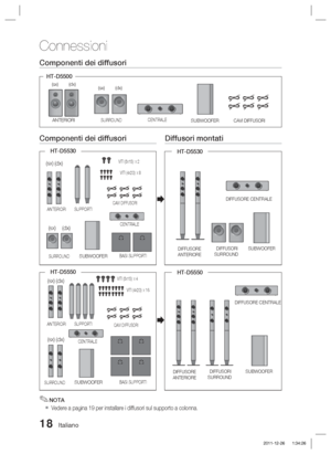 Page 25218 Italiano
Connessioni
Componenti dei diffusori
Componenti dei diffusoriDiffusori montati
(SX) (dx)
HT-D5530

HT-D5530
NOTA
Vedere a pagina 19 per installare i diffusori sul supporto a colonna.
✎

(SX) (dx)
HT-D5500
(sx)(sx) (dx)
(dx)
HT-D5550

HT-D5550
(SX) (dx)
(SX) (dx)
ANTERIORISURROUND
CENTRALESUBWOOFERCAVI DIFFUSORI
ANTERIORI
SURROUND CENTRALE
SUPPORTI
BASI SUPPORTI
SUBWOOFER
CAVI DIFFUSORIVITI (5
X15): X 2
VITI (4
X20): X 8
ANTERIORI
SURROUND CENTRALE
SUPPORTI
BASI SUPPORTI
SUBWOOFER
CAVI...