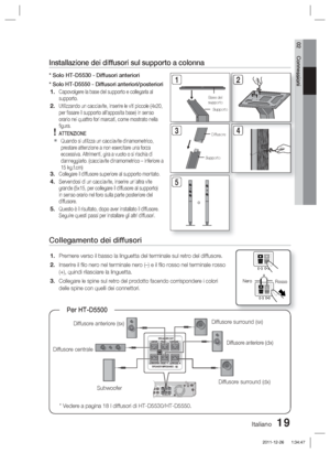 Page 253Italiano 19
02 Connessioni
FRONT
SPEAKERS OUT
SPEAKER IMPEDANCE : 3
VIDEO OUTSURROUNDSUBWOOFER CENTER FRONT
SURROUNDONENT OUT
VIDEO OUT
NT OUT
FRONT
SPEAKERS OUT
SPEAKER IMPEDANCE : 3SURROUNDSUBWOOFERCENTER FRONT
SURROUND
Installazione dei diffusori sul supporto a colonna
* Solo HT-D5530 - Diffusori anteriori
* 
Solo HT-D5550 - Diffusori anteriori/posteriori
Capovolgere la base del supporto e collegarla al 
supporto.
Utilizzando un cacciavite, inserire le viti piccole (4x20, 
per ﬁ ssare il supporto...