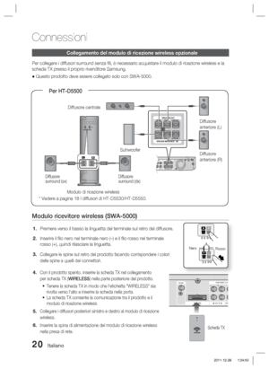 Page 25420 Italiano
Connessioni
Collegamento del modulo di ricezione wireless opzionale
Per collegare i diffusori surround senza ﬁ li, è necessario acquistare il modulo di ricezione wireless e la 
scheda TX presso il proprio rivenditore Samsung.
● Questo prodotto deve essere collegato solo con SWA-5000.
Modulo ricevitore wireless (SWA-5000)
Premere verso il basso la linguetta del terminale sul retro del diffusor\
e.
Inserire il ﬁ lo nero nel terminale nero (–) e il ﬁ lo rosso nel terminale 
rosso (+), quindi...