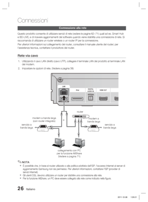 Page 26026 Italiano
Connessioni
Connessione alla rete
Questo prodotto consente di utilizzare servizi di rete (vedere le pagin\
e 62~71) quali ad es. Smart Hub 
e BD-LIVE, e di ricevere aggiornamenti del software quando viene stabili\
ta una connessione di rete. Si 
raccomanda di utilizzare un router wireless o un router IP per la connes\
sione.
Per ulteriori informazioni sul collegamento del router, consultare il ma\
nuale utente del router; per 
l'assistenza tecnica, contattare il produttore del router....