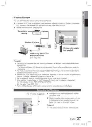 Page 27English 27
02 Connections
Wireless Network
You can connect to the network with a Wireless IP sharer.A wireless AP/IP router is required to make a wireless network connectio\
n. Connect the wireless
LAN adapter to the Wireless LAN Adapter on the rear panel of the product\
. 
Set the network options. (See page 38)
NOTE
This product is compatible with only Samsung's Wireless LAN Adapter. (n\
ot supplied) (Model name: 
WIS09ABGN).
-  The Samsung Wireless LAN Adapter is sold separately. Contact a Samsung...