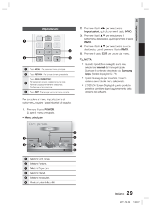 Page 263Italiano 29
03 Impostazione
Impostazioni
DISC MENU MENU TITLE MENU
TOOLS
RETURN EXIT
INFO
TUNER
POPUP
DISC MENUTITLE MENU
TOOLSINFO
TUNER
POPUP1
2
4
3
1Tasto MENU : Per passare al menu principale.
2Tasto RETURN : Per tornare al menu precedente.
3
Tasto INVIO / DIREZIONE : 
Per spostare il cursore o selezionare una voce.
Attivare la voce correntemente selezionata.
Confermare un’impostazione.
4Tasto EXIT : Premere per uscire dal menu corrente.
Per accedere al menu Impostazioni e ai 
sottomenu, seguire i...