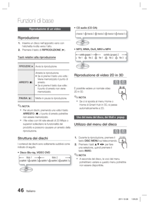 Page 28046 Italiano
Funzioni di base
Riproduzione di un video
Riproduzione
Inserire un disco nell’apposito vano con 
l’etichetta rivolta verso l’alto.
Premere il tasto di RIPRODUZIONE (►).
Tasti relativi alla riproduzione 
RIPRODUZIONE ( ►) Avvia la riproduzione. 
ARRESTO (  )
Arresta la riproduzione.
Se si preme il tasto una volta : 
Viene memorizzato il punto di 
arresto.
Se si preme il tasto due volte : 
Il punto di arresto non viene 
memorizzato.•
•
PAUSA (  )Mette in pausa la riproduzione.
NOTA
Per alcuni...