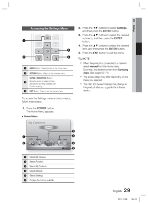 Page 29English 29
03 Setup
Accessing the Settings Menu
DISC MENU MENU TITLE MENU
TOOLS
RETURN EXIT
INFO
TUNER
POPUP
DISC MENUTITLE MENU
TOOLSINFO
TUNER
POPUP1
2
4
3
1MENU Button : Press to move to the Home menu.
2RETURN Button : Return to the previous menu.
3
ENTER / DIRECTION Button :
Move the cursor or select an item.
Activate the currently selected item.
Conﬁ rm a setting.
4EXIT Button : Press to exit the current menu.
To access the Settings menu and sub-menus, 
follow these steps:
Press the POWER button....