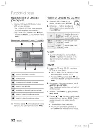 Page 28652 Italiano
Funzioni di base
Riproduzione di un CD audio 
(CD-DA)/MP3
Inserire un CD audio (CD-DA) o un disco 
MP3 nel vano del disco.Per i CD audio (CD-DA), viene riprodotta 
automaticamente la prima traccia.
Per i dischi MP3, premere i tasti ◄► per 
selezionare Musica, quindi premere il tasto 
INVIO.
Elementi della schermata CD audio (CD-DA)/MP3
CD audio
5
2
4
7
6 13
"
 Conferma    <  Pagina     Strumenti    '  Ritorna
Traccia 001
1/13Musica
Traccia 00100:43Traccia 00203:56Traccia...