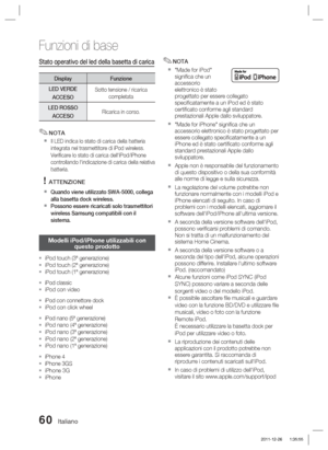 Page 29460 Italiano
Funzioni di base
Stato operativo del led della basetta di carica
DisplayFunzione
LED VERDE  ACCESO Sotto tensione / ricarica 
completata
LED ROSSO  ACCESO Ricarica in corso.
NOTA
Il LED indica lo stato di carica della batteria 
integrata nel trasmettitore di iPod wireless.
Veriﬁ care lo stato di carica dell'iPod/iPhone 
controllando l'indicazione di carica della relativa 
batteria.
ATTENZIONE
Quando viene utilizzato SWA-5000, collega 
alla basetta dock wireless.
Possono essere...