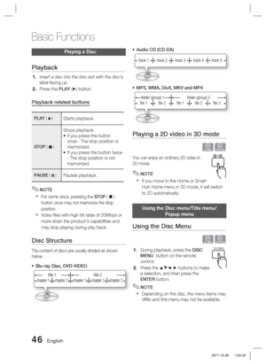 Page 4646 English
Basic Functions
Playing a Disc
Playback
Insert a disc into the disc slot with the disc's 
label facing up.
Press the PLAY (►) button.
Playback related buttons
PLAY ( ►) Starts playback. 
STOP (  )
Stops playback.
If you press the button 
once : The stop position is 
memorized.
If you press the button twice 
: The stop position is not 
memorized.•
•
PAUSE (  )Pauses playback.
NOTE
For some discs, pressing the  STOP (  ) 
button once may not memorize the stop 
position.
Video ﬁ les with...