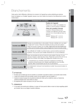 Page 95Français 17
02 Branchements
Cette section décrit différentes méthodes de connexion de l’\
appareil aux autres périphériques externes.
Avant de déplacer ou d'installer l'appareil, assurez-vous de le mettr\
e hors tension et de débrancher le cordon 
d'alimentation.
Connexion des enceintes
Branchements
Position de l’appareil
Placez-le sur un pied, sur la tablette d'un 
meuble, ou sous le support du téléviseur.
Choix de la position d'écouteLa position d'écoute (distance entre...