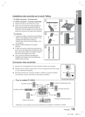 Page 97Français 19
02 Branchements
FRONT
SPEAKERS OUT
SPEAKER IMPEDANCE : 3
VIDEO OUTSURROUNDSUBWOOFER CENTER FRONT
SURROUNDONENT OUT
VIDEO OUT
NT OUT
FRONT
SPEAKERS OUT
SPEAKER IMPEDANCE : 3SURROUNDSUBWOOFERCENTER FRONT
SURROUND
Installations des enceintes sur le socle Tallboy
* HT-D5530 uniquement – Enceintes avant
* HT-D5550 uniquement – Enceintes avant/arrière
Retournez la base du socle et ﬁ xez-la au socle.
Servez-vous d'un tournevis et insérez de petites vis 
(4x20, pour la connexion du pied et de la...