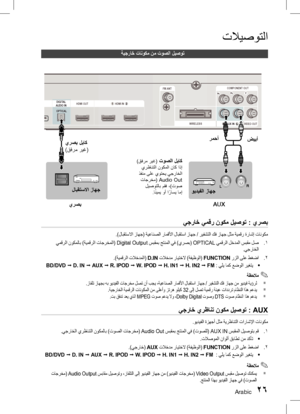 Page 103Arabic 26
تلايصوتلا
ةيجراخ تانوكم نم توصلا ليصوت
SPEAKER IMPEDANCE : 3
FM ANTWIRELESS VIDEO OUT
AUX IN
SUBWOOFER CENTER
COMPONENT OUT
iPodHDMI OUT
DIGITAL
AUDIO IN
OPTICAL
HDMI IN
FM ANT
WIRELESSVIDEO OUT
COMPONENT OUT
HDMI OUTHDMI IN
يرصب لباك
)قفرم ريغ(
)قفرم ريغ( توصلا لباك يرظانتلا نوكملا ناك اذإ
 ذفنم ىلع يوتحي يجراخلا  تاجرخم( Audio Out  ليصوتلاب مقف ،)توص .اً
نيمي وأ ا ً
راسي امإ
لابقتسلاا زاهج
ويديفلا زاهجضيبأ
رمحأ
يرصب AUX
يجراخ يمقر نوكم ليصوت : يرصب
.)لابقتسلاا زاهج( ةيعانصلا رامقلأا لابقتسا...