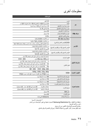 Page 151Arabic 74
ىرخأ تامولعم
تافصاوملا
ماع
نزولا
مجك 3.5
داعبلأا
مم  325.1 )عافترلاا( × 58.4 )قمعلا( × 429.3 )ضرعلا(
ليغشتلا ةرارح ةجرد ىدم
ةيوئم ةجرد +35 ىلإ  ةيوئم ةجرد +5
ليغشتلل ةبوطرلا ةجرد ىدم
%  75 ىلإ % 10
FM فلاوم
شيوشتلا / ةراشلإا ةبسن
لبيسيد 55
مادختسلال ةلباقلا ةيساسحلا
لبيسيد 12
يقفاوتلا هيوشتلا يلامجإ
 0.5%
صارقلأا
 BD )Blu-ray Disc
(
ةي
ناث/م 9.834 :ةءارقلا ةعرس
)يمقرلا عونتملا صرقلا( DVD
ةيناث/م 7.68 ىلإ 6.98 :ةءارقلا ةعرس
ةقيقد 135 :)ةدحاو ةقبطب صرق ،دحاو بناجب صرق( يبيرقتلا ليغشتلا تقو...