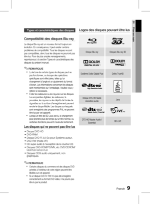 Page 163 FrenchFrench 
01 Prise en main
types et caractéristiques des disques
Compatibilité des disques Blu-ray
Le disque Blu-ray est un nouveau format toujours en 
évolution. En conséquence, il peut exister certains 
problèmes de compatibilité. Tous les disques ne sont 
pas compatibles, donc tous les disques ne pourront pas 
être lus. Pour de plus amples renseignements, 
reportezvous à la section Types et caractéristiques des 
disques du présent manuel.
REMARQUE
La lecture de certains types de disques...