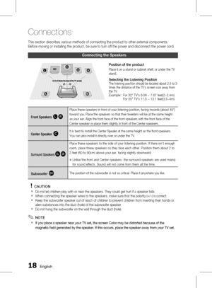 Page 181 English
Connections
English 1
Connections
This section describes various methods of connecting the product to other external components. 
Before moving or installing the product, be sure to turn off the power and dis connect the power cord.
Connecting the Speakers
Front Speakers ei
Place these speakers in front of your listening position, facing inwards (about 45°) 
toward you. Place the speakers so that their tweeters will be at the same height 
as your ear. Align the front face of the front...