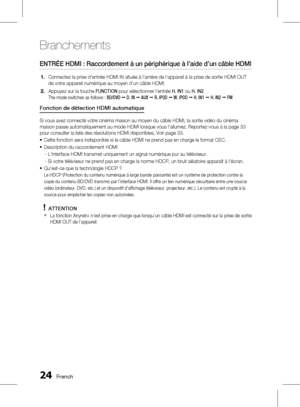 Page 178 French
Branchements
French 
ENTRÉE HDMI : Raccordement à un périphérique à l’aide d’un câble HDMI
Connectez la prise d’entrée HDMI IN située à l’arrière de l'appareil à la prise de sortie HDMI OUT 
de votre appareil numérique au moyen d’un câble HDMI
.
Appuyez sur la touche FUNCTION  pour sélectionner l'entrée H. IN1  ou H. IN2 . 
The mode switches as follows : 
BD/DVD  ;  D. IN  ;  AUX  ; R. IPOD  ;  W. IPOD  ; H. IN1  ;  H. IN2  ;  FM
Fonction de détection HDMI automatique...