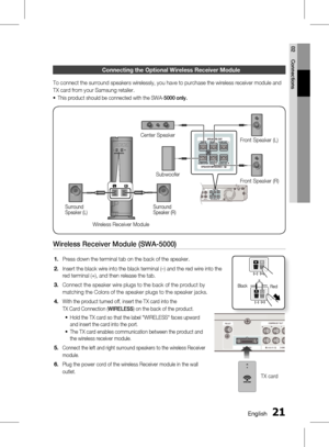 Page 210 EnglishEnglish 1
02 Connections
Connecting the optional Wireless receiver module
To connect the surround speakers wirelessly, you have to purchase the wireless receiver module and 
TX card from your Samsung retailer.
This product should be connected with the SWA-5000 only.
Wireless Receiver Module (SWA-5000)
Press down the terminal tab on the back of the speaker. 
Insert the black wire into the black terminal (–) and the red wire into the 
red terminal (+), and then release the tab.
Connect...