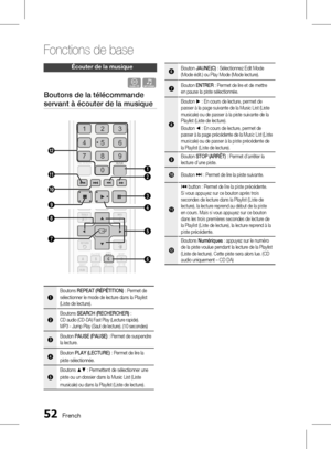 Page 206 French
Fonctions de base
French 
écouter de la musique
o�
Boutons de la télécommande 
servant à écouter de la musiqueFUNCTION
TV SOURCEPOWER
DISC MENU MENU TITLE MENU
MUTE
SFE MODE
VOLTUNING /CH
TOOLS
RETURN EXIT
INFO
A B
NETFLIXHUB
C DMO/ST
2Dª3D
iPod SYNC
SMART SEARCH
3D SOUND
REPEAT
FULL SCREEN
1 2 3
4 5 6
7 8
09
POPUP
RECEIVER
SLEEPBD TV
TUNER 
MEMORY
DSP
FULL SCREEN
2
3
1
0 !
9 @
FUNCTION
TV SOURCEPOWER
DISC MENU MENU TITLE MENU
MUTE
SFE MODE
VOLTUNING /CH
TOOLS
RETURN EXIT...