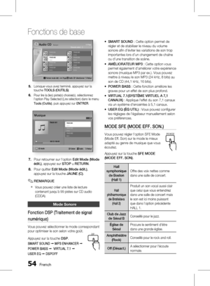 Page 208 French
Fonctions de base
French 
TRACK 00203:56TRACK 00404:02TRACK 00603:40TRACK 00803:52
1/2 Page Audio CD | Musique
c Fermer mode édit. ( ) Page  Outils " Sélectionner ' Retour
TRACK 00100:43TRACK 00304:41TRACK 00503:43TRACK 00704:06
Éléments sélect. : 3
Lorsque vous avez terminé, appuyez sur la 
touche TOOLS (OUTILS) .
Pour lire la (les) piste(s) choisie(s), sélectionnez 
l’option Play Selected (Lire sélection) dans le menu 
Tools (Outils), puis appuyez sur  ENTRER.
+...