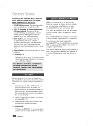 Page 2240 French
Services réseau
French 1
Utilisation des touches de couleur sur 
votre télécommande avec Samsung 
Apps (Applications Samsung)
ROUGE (A) (Connexion) : Ceci vous permet de 
vous connecter à votre compte Smart TV.
VERT (B) (Affichage de l'index des vignettes/
Affichage de listes)  : Ceci permet de faire 
basculer l'affichage des applications entre les 
modes Thumbnail (Affichage de l'index des 
vignettes) et List view (Affichage de listes
BLEU (D) (Trier par)  : Ceci permet de...