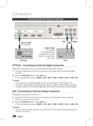 Page 26 English
Connections
English 
Connecting audio from external Components
OPTICAL : Connecting an External Digital Component
Digital signal components such as a Cable Box/Satellite receiver (Set-Top Box).Connect the Digital Input (OPTICAL) on the product to the Digital Output of the external digital 
component.
 Press the  FUNCTION  button to select  D.IN input.
The mode switches as follows :  BD/DVD ;  D. IN  ;  AUX  ; R. IPOD  ;  W. IPOD  ;  H. IN1  ; H. IN2  ;  FM
NOTE
To see video...