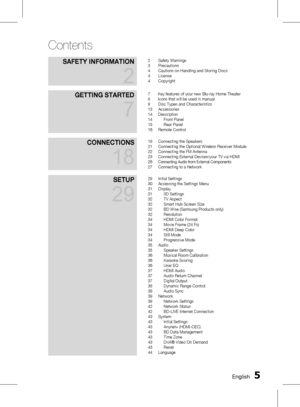 Page 5 EnglishEnglish 
Contents
Safety InformatIon 
2
2 Safety Warnings
3  Precautions
4  Cautions on Handling and Storing Discs
4  License
4  Copyright
GettInG StarteD 
7
7       Key features of your new Blu-ray Home Theater
8       Icons that will be used in manual
9 Disc Types and Characteristics
13  Accessories
14  Description
14  Front Panel
15  Rear Panel
16  Remote Control
ConneCtIonS 
18
18 Connecting the Speakers
21  Connecting the Optional Wireless Receiver Module
22  Connecting the FM...