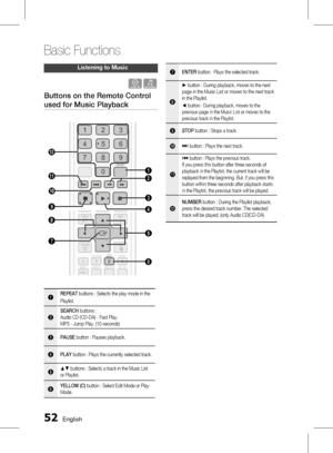 Page 52 English
Basic Functions
English 
Listening to music
o�
Buttons on the Remote Control 
used for Music PlaybackFUNCTION
TV SOURCEPOWER
DISC MENU MENU TITLE MENU
MUTE
SFE MODE
VOLTUNING /CH
TOOLS
RETURN EXIT
INFO
A B
NETFLIXHUB
C DMO/ST
2Dª3D
iPod SYNC
SMART SEARCH
3D SOUND
REPEAT
FULL SCREEN
1 2 3
4 5 6
7 8
09
POPUP
RECEIVER
SLEEPBD TV
TUNER 
MEMORY
DSP
FULL SCREEN
2
3
1
0 !
9 @
FUNCTION
TV SOURCEPOWER
DISC MENU MENU TITLE MENU
MUTE
SFE MODE
VOLTUNING /CH
TOOLS
RETURN EXIT
INFO
A B...