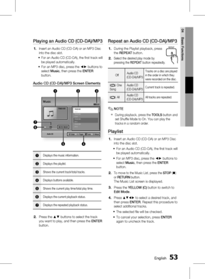 Page 53 EnglishEnglish 
04 Basic Functions
Playing an Audio CD (CD-DA)/MP3
Insert an Audio CD (CD-DA) or an MP3 Disc 
into the disc slot.For an Audio CD (CD-DA), the fi rst track will 
be played automatically.
For an MP3 disc, press the ◄► buttons to 
select  Music , then press the  ENTER 
button.
Audio CD (CD-DA)/MP3 Screen Elements
Audio CD
5
2
4
7
6 1
3
" Enter    < Pages     Tools    ' Return
TRACK 001
1/13Music
TRACK 00100:43TRACK 00203:56TRACK 00304:41TRACK 00404:02+ 
00:13 /...