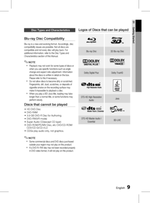Page 9 EnglishEnglish 
01 Getting Started
Disc types and Characteristics
Blu-ray Disc Compatibility
Blu-ray is a new and evolving format. Accordingly, disc 
compatibility issues are possible. Not all discs are 
compatible and not every disc will play back. For 
additional information, refer to the Disc Types and 
Characteristics section of this Manual.
NOTE
Playback may not work for some types of discs or 
when you use specific functions such as angle 
change and aspect ratio adjustment. Information...