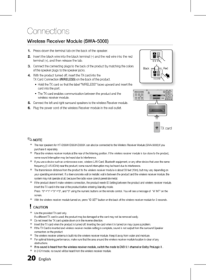 Page 200 English
Connections
English 1
NOTE
The rear speakers for HT-D550K/D553K/D555K can also be connected to the Wireless Receiver Module (SWA-5000) if you 
purchase it separately.
Place the wireless receiver module at the rear of the listening position. If the wireless receiver module is too close to the product, 
some sound interruption may be heard due to interference.
If you use a device such as a microwave oven, wireless LAN Card, Bluetooth equipment, or any other device that uses the same...